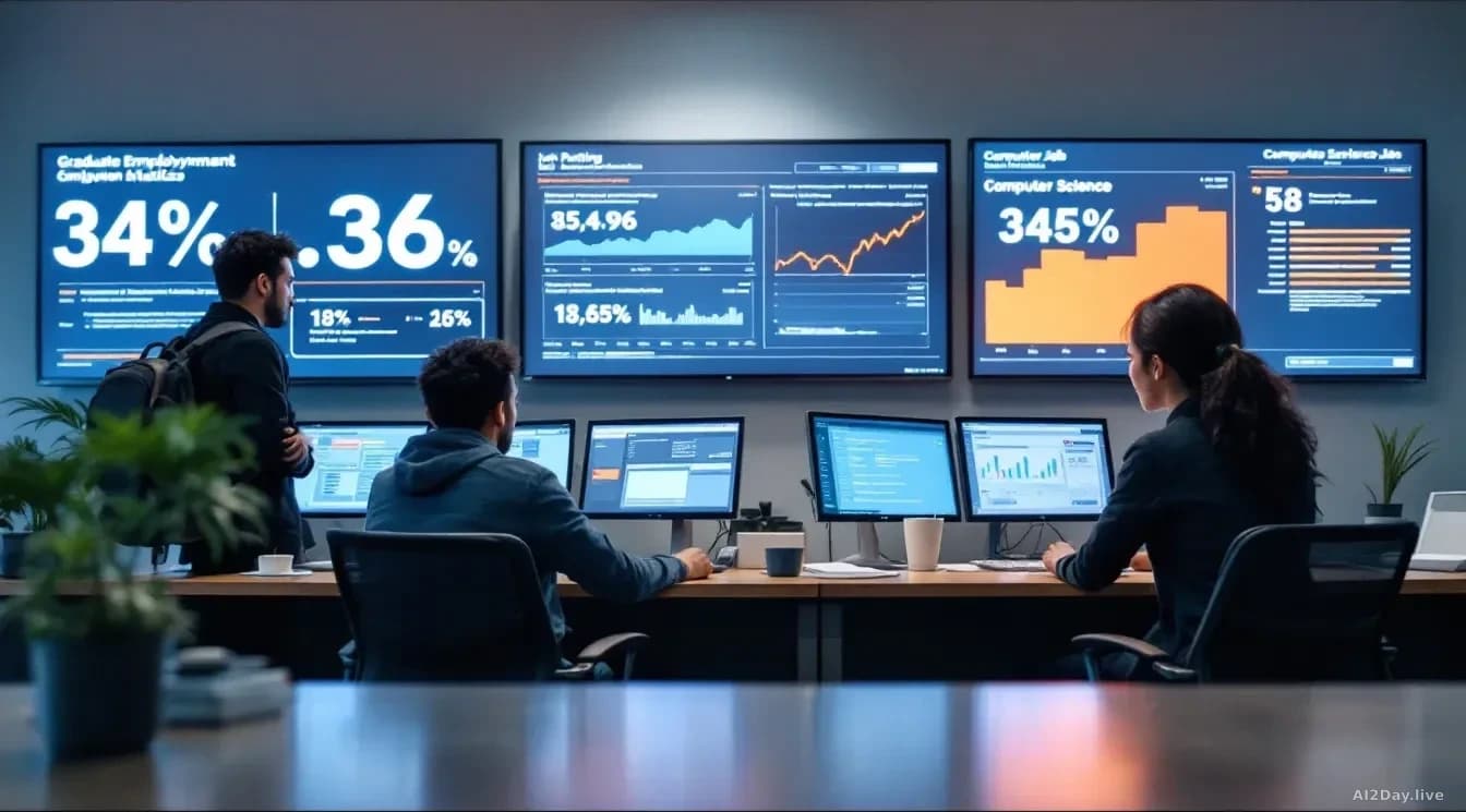 A university career services office with graduate employment statistics displayed on screens showing declining computer science job postings, students reviewing