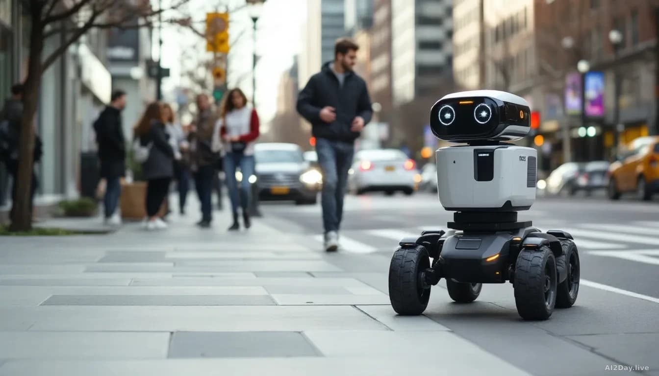An urban morning commute scene with a four-legged robotic unit moving along a sidewalk, pedestrians stopping to observe, city buildings and traffic in backgroun