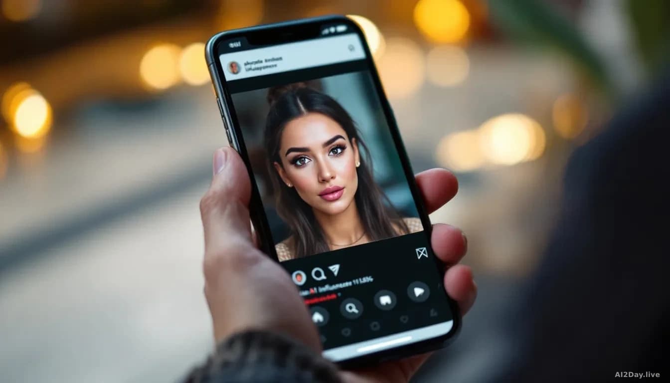 A smartphone showing a sponsored social media post with an AI-generated influencer face, the post appearing in a feed with engagement metrics visible, creating 