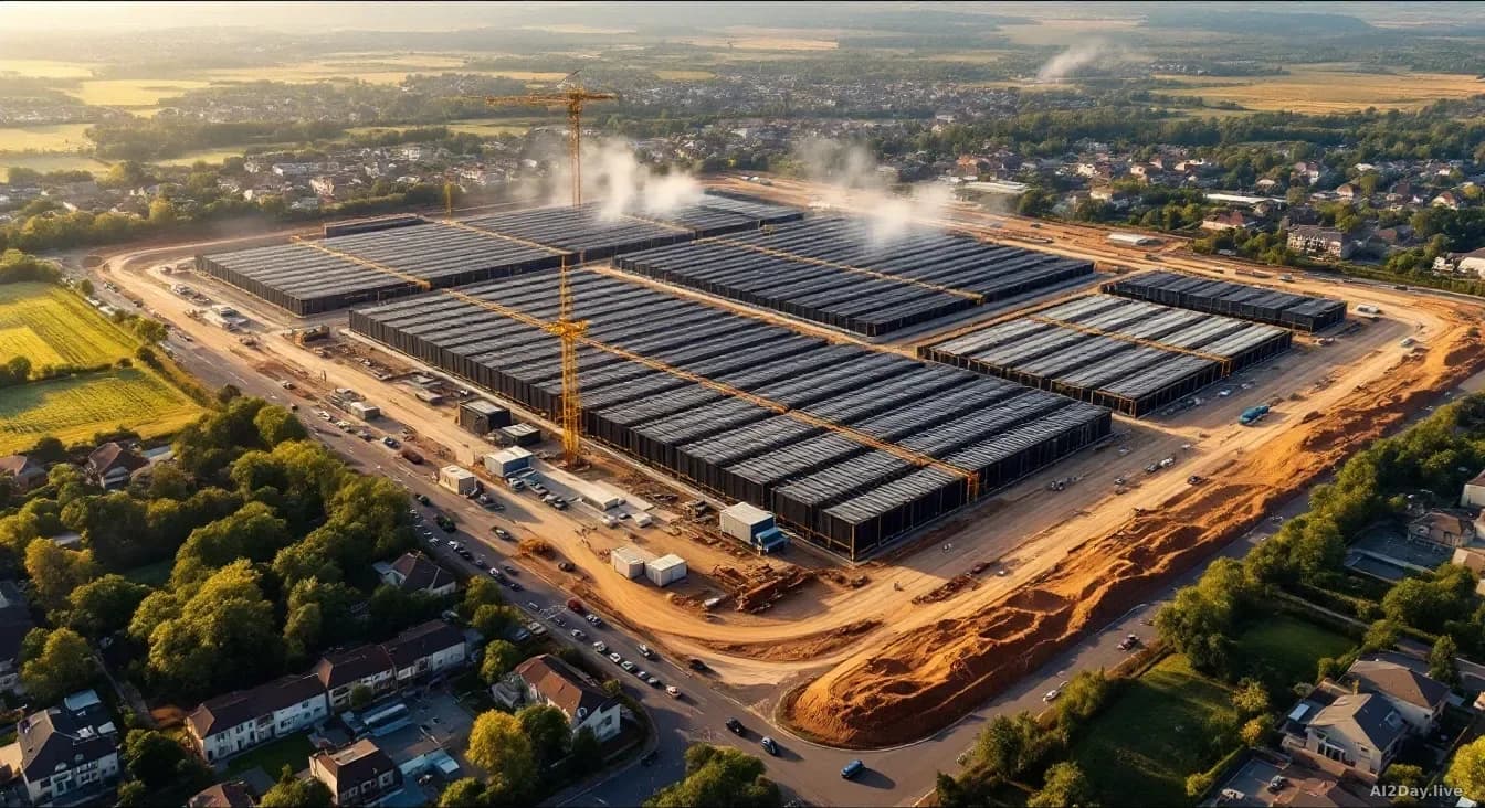 Illustration: a massive data center facility under construction with residential neighborhoods visible in the nearby