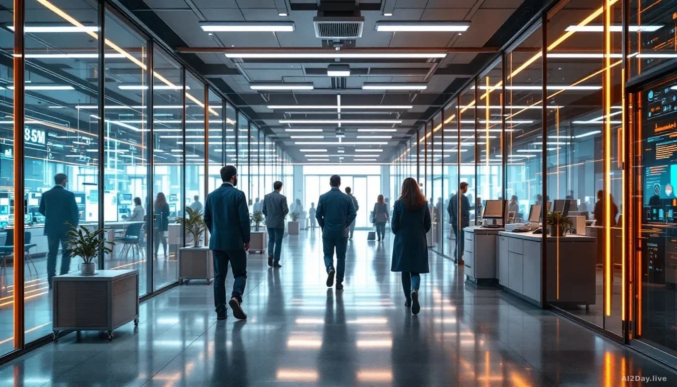An AI research facility with inspectors and evaluators moving through the space, monitoring stations set up for external review, glass-walled rooms showing coll