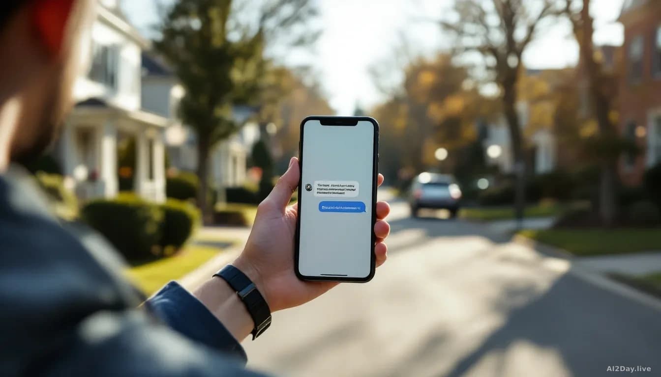 A Virginia suburban street scene with a person walking past homes, a smartphone in hand showing a chatbot notification appearing unexpectedly, morning sunlight 