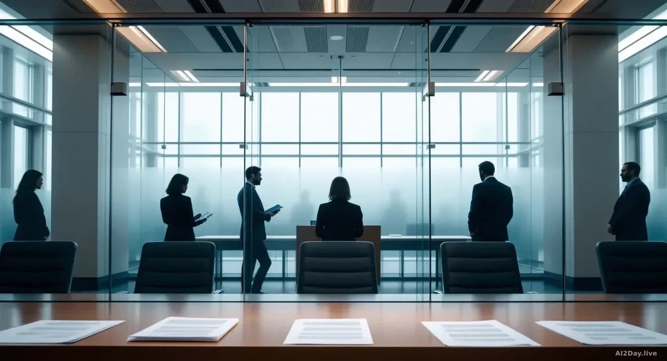 An Australian courtroom or government building interior with documents on tables, silhouettes of people affected by automated systems visible through glass part
