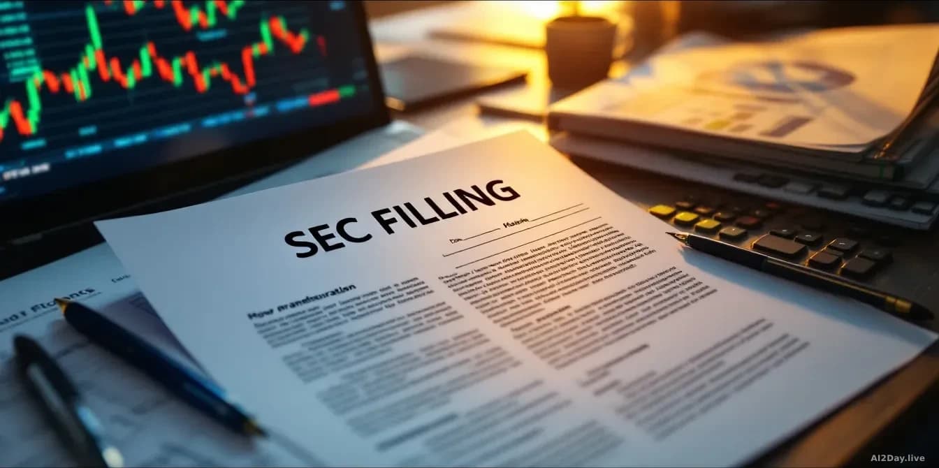 An SEC filing document open on a workspace alongside financial charts showing market volatility, office environment with morning light, papers organized to sugg