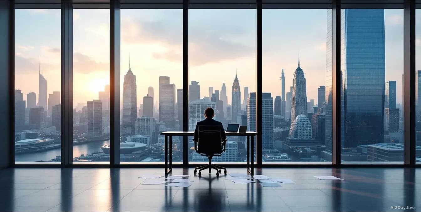 A modern corporate office with city skyline visible through floor-to-ceiling windows, a single empty chair at a desk facing the window, regulatory documents sca