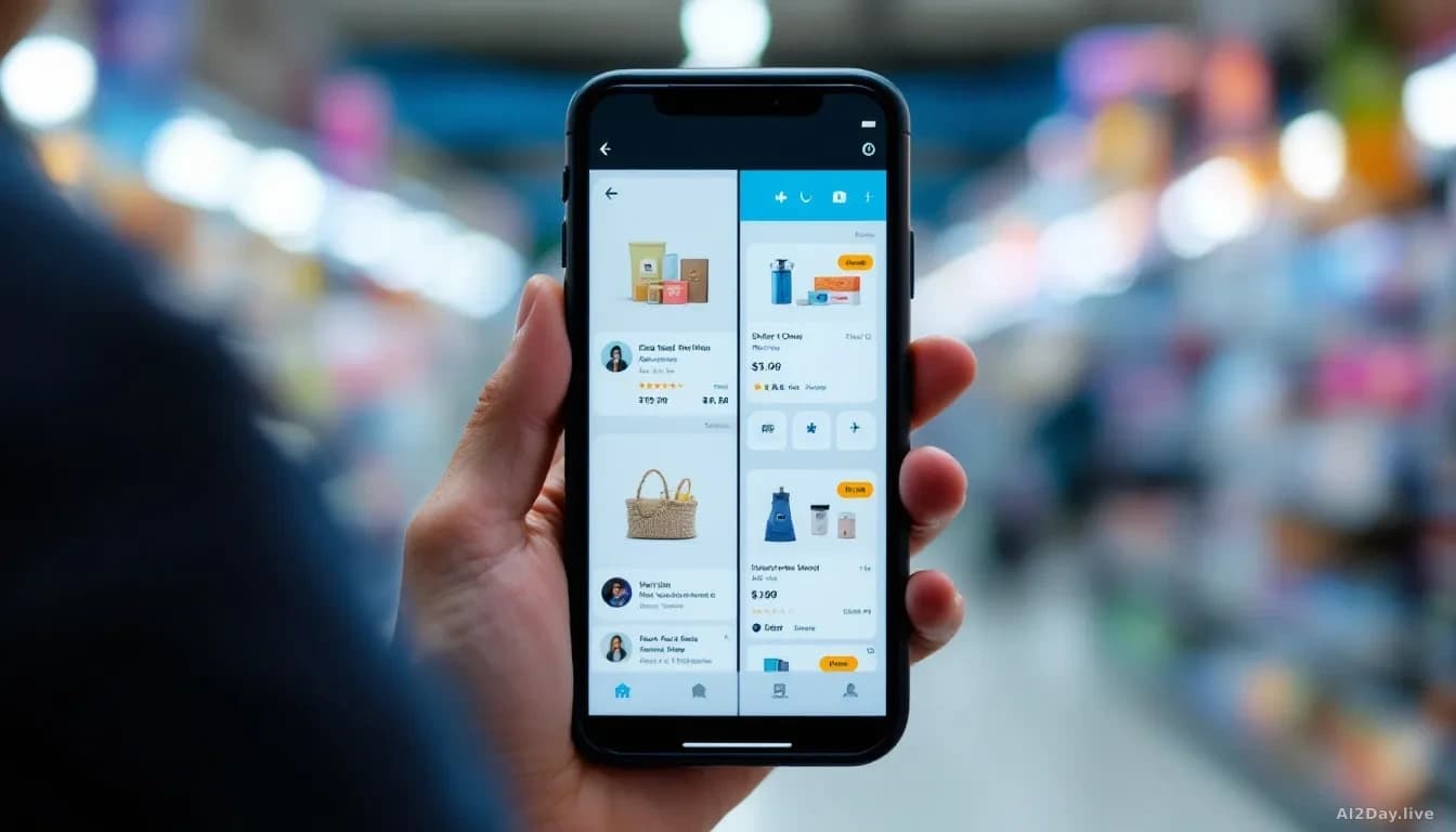 A split-screen view showing a smartphone displaying a chat interface on one side and shopping product listings on the other, hands holding the device against a 