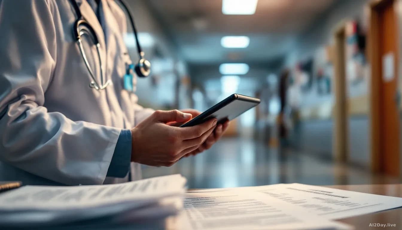 A medical professional in a hospital corridor consulting a tablet displaying diagnostic information, with regulatory document pages visible on a desk in the for