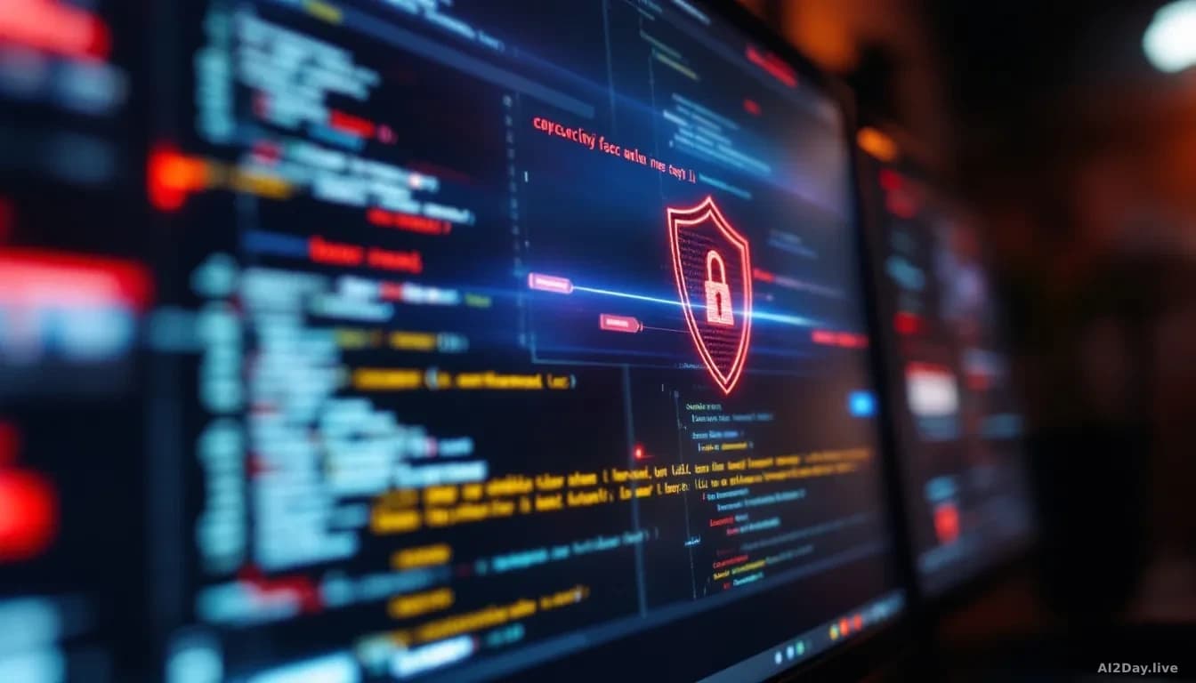 A computer screen displaying overlapping code windows and security warning alerts in red, with streams of malicious text being blocked by firewall visualization