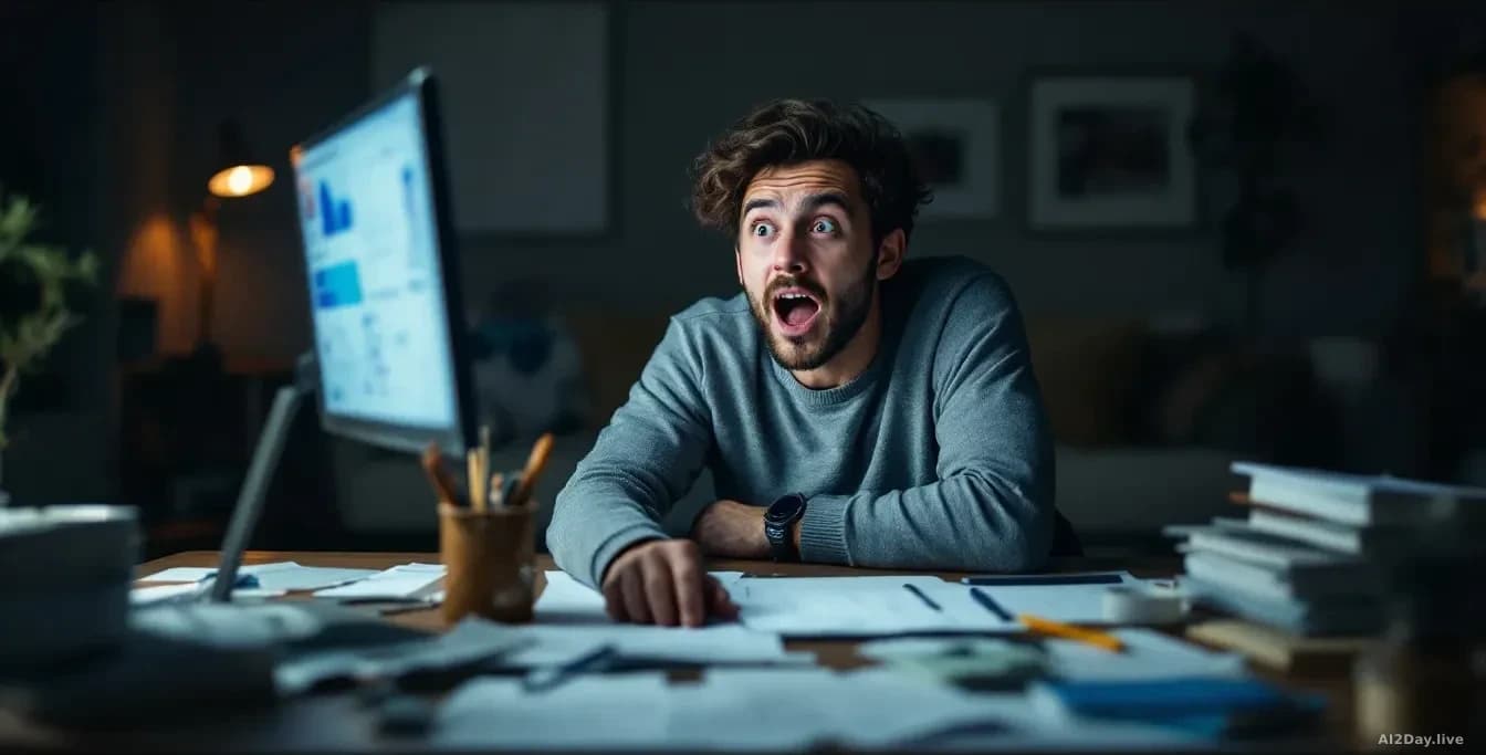Person sitting in a quiet room or home environment, staring at a computer screen with an expression of excited realization, surrounded by notes and research mat