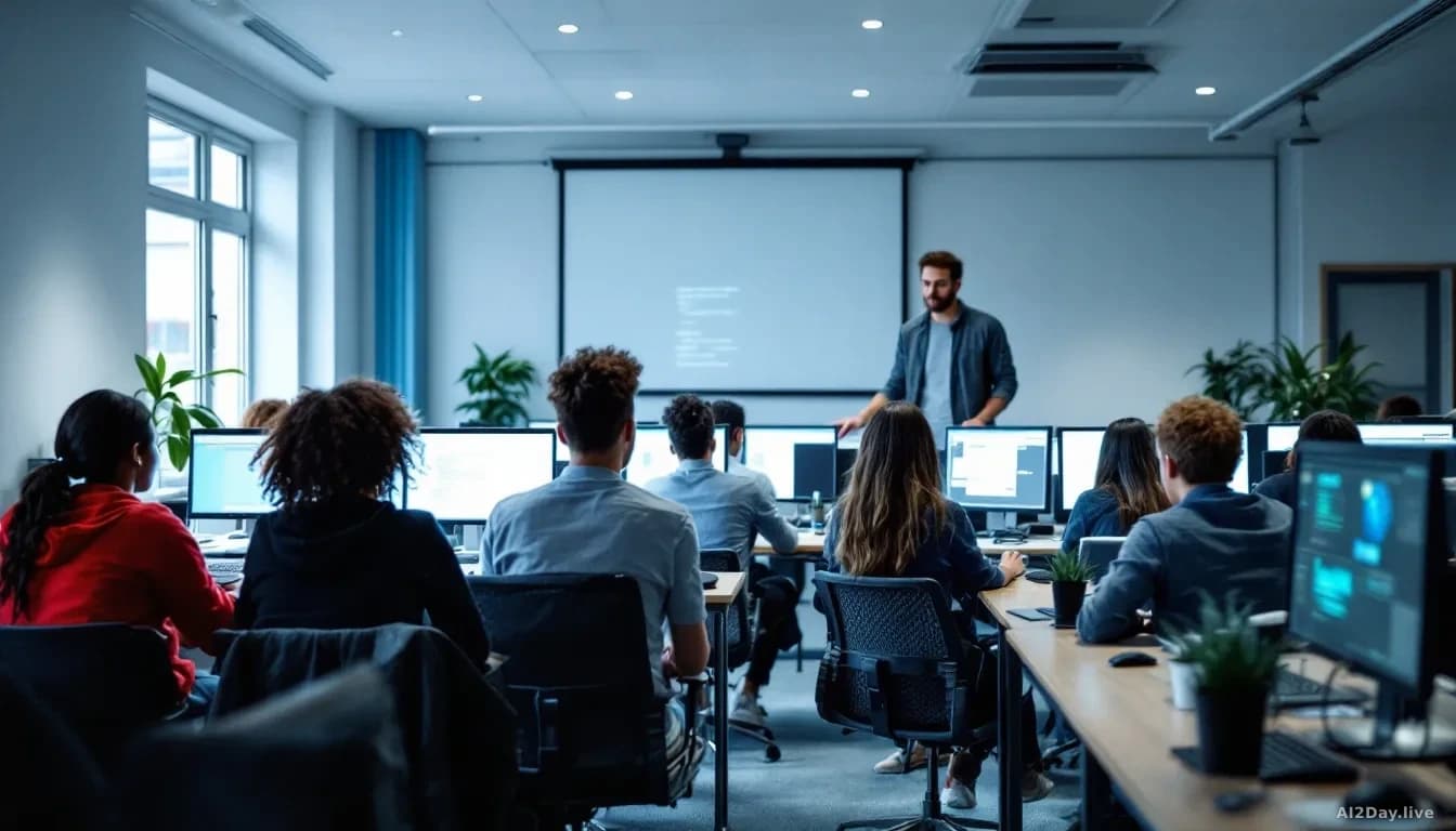 Community centre or training facility classroom in Preston, Lancashire with young people at computer workstations, instructor guiding students through programmi