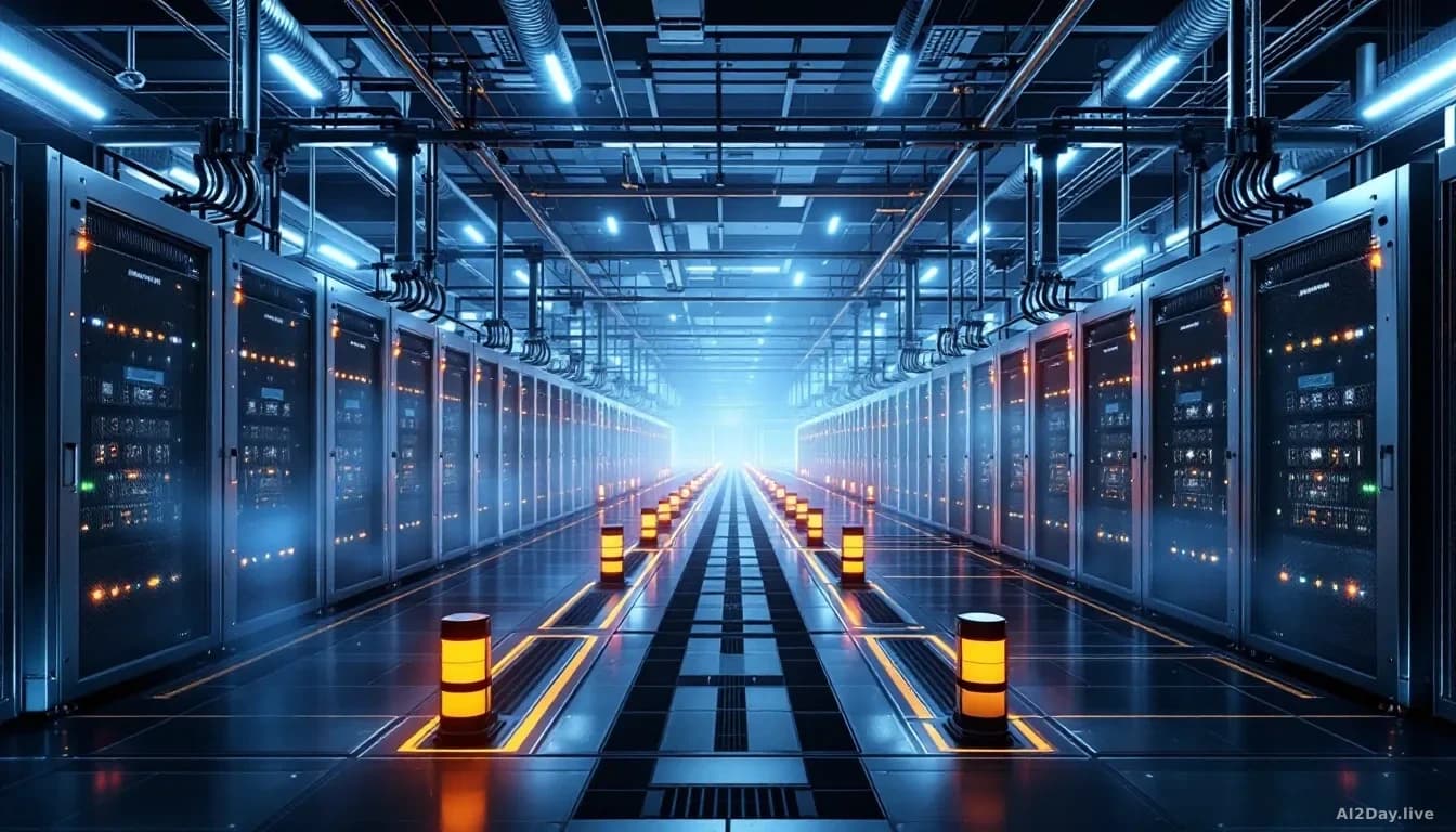Data centre power distribution facility with massive electrical infrastructure, transformer banks, and cooling systems, emphasizing the scale of energy consumpt