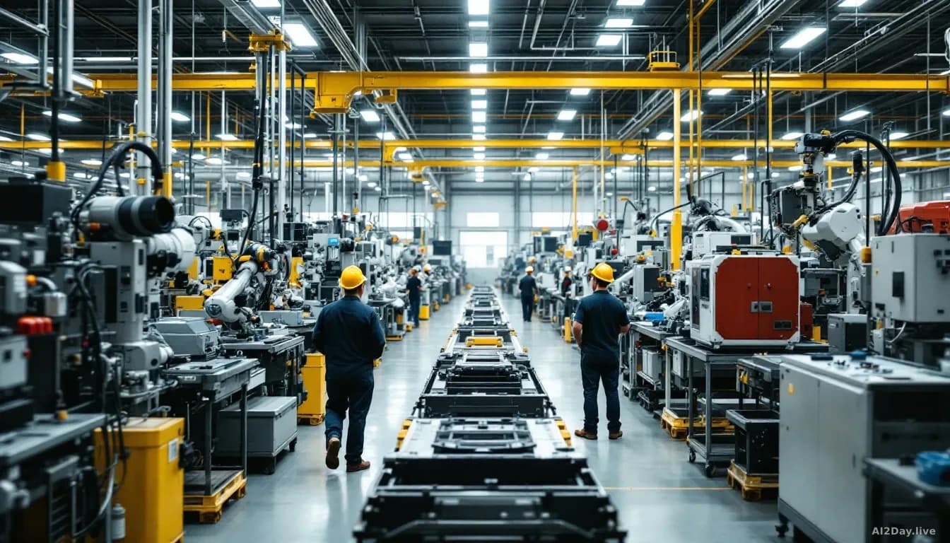 Factory floor with a mix of industrial machinery and robotic equipment operating alongside workers in hard hats, showing the intersection of human and automated