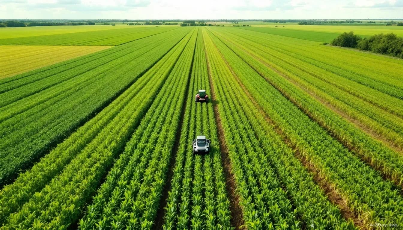 Vast agricultural field in Florida with rows of crops stretching to the horizon, autonomous tractor visible in the distance moving through fields under bright d
