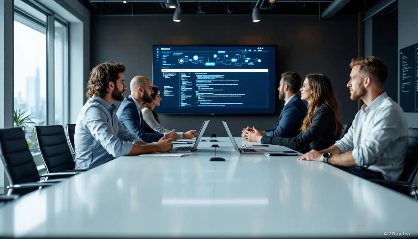 Conference room with tech industry leaders seated around a modern table, multiple screens on walls displaying network diagrams and code, professional collaborat