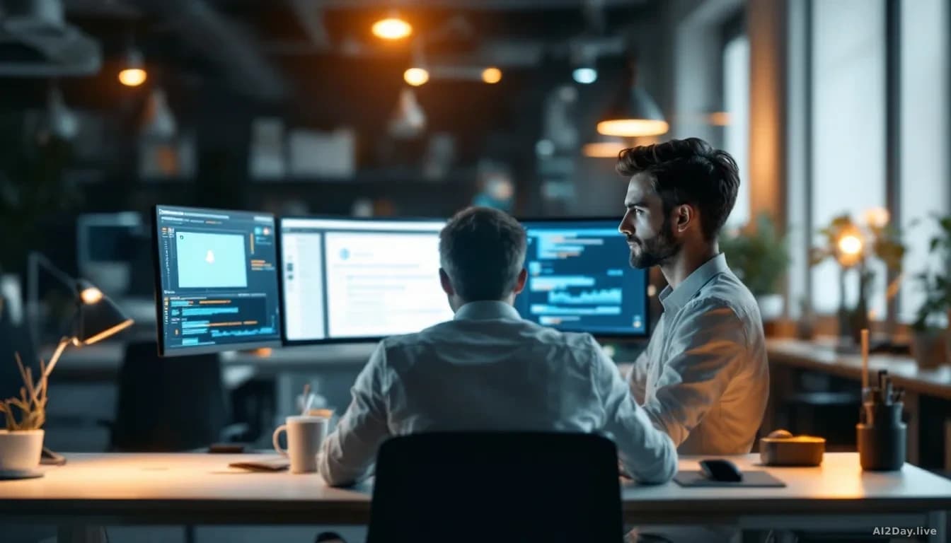 Corporate office workspace where an employee sits at a desk facing a computer, with a manager or AI-generated alert visible on the screen, tension captured in b