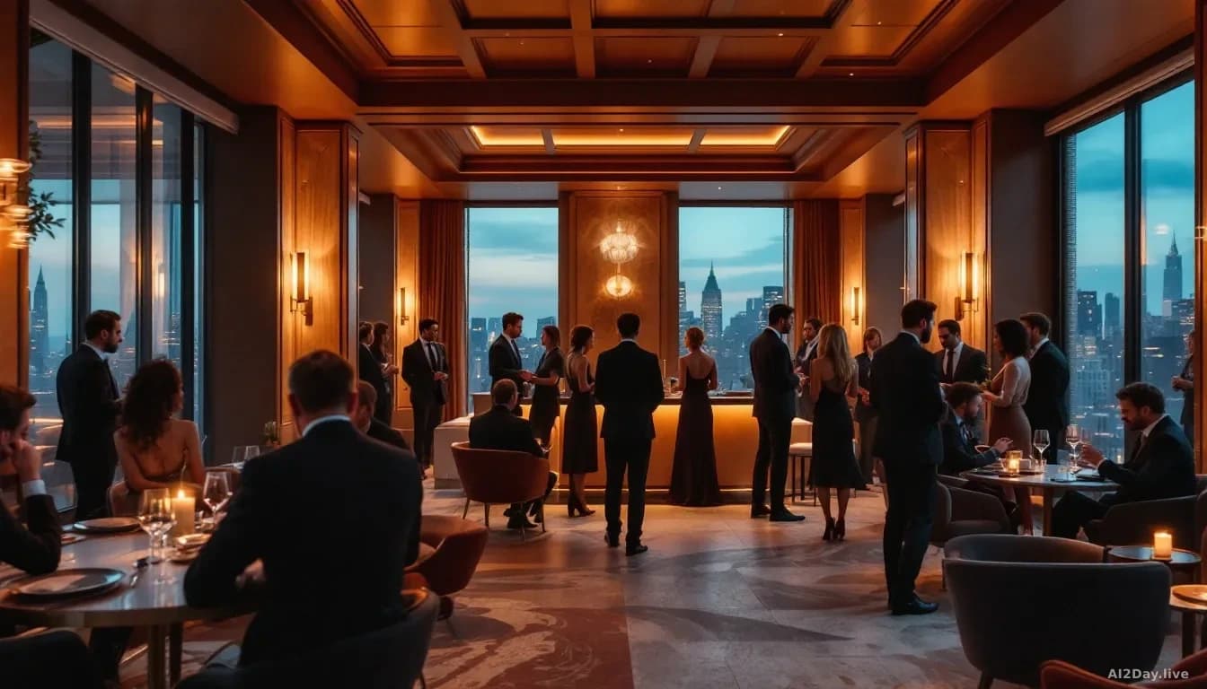 Illustration: Upscale Manhattan penthouse or private event space with well-dressed attendees in conversation