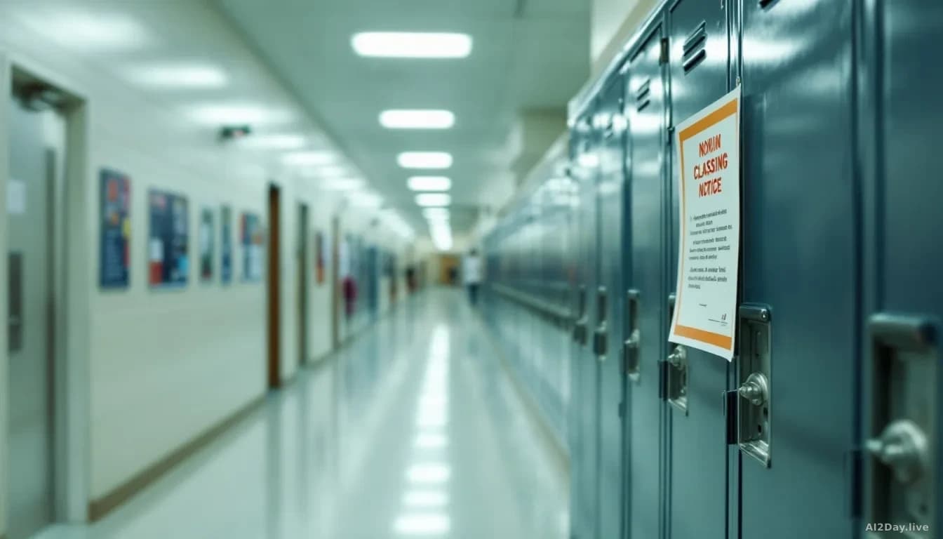 High school hallway with student lockers, empty during class time, showing a printed warning notice or alert posted on a bulletin board, institutional fluoresce