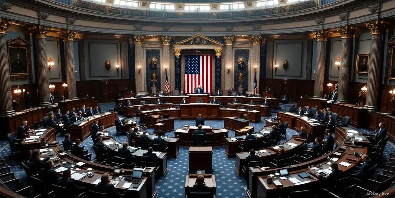 Capitol building or congressional chamber interior with lawmakers seated at desks, American flags and formal governmental architecture, official photography sty