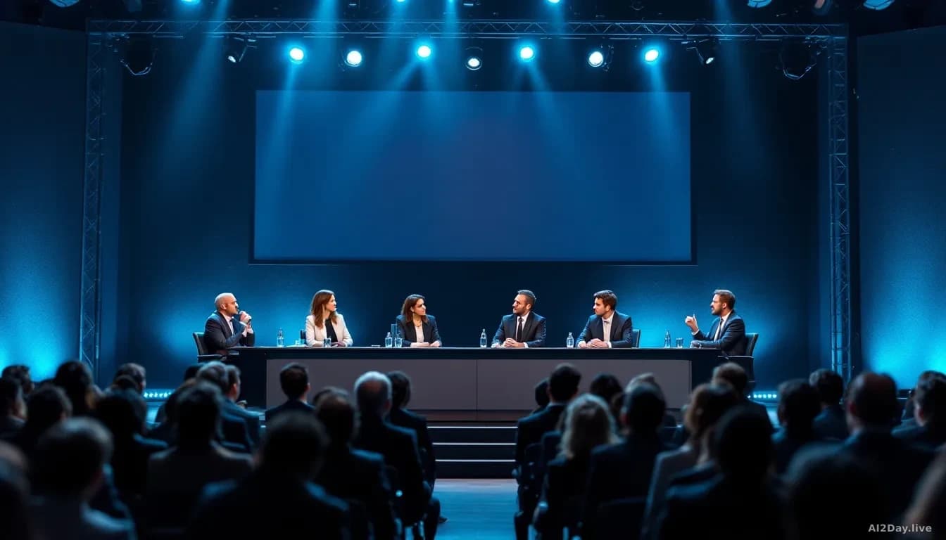 Illustration: Tech industry panel discussion or press conference with speakers at a table facing an audience