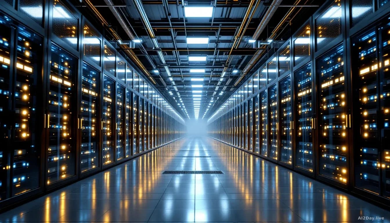 Massive data centre interior with hundreds of server racks extending into the distance, rows of illuminated equipment and cooling infrastructure under industria