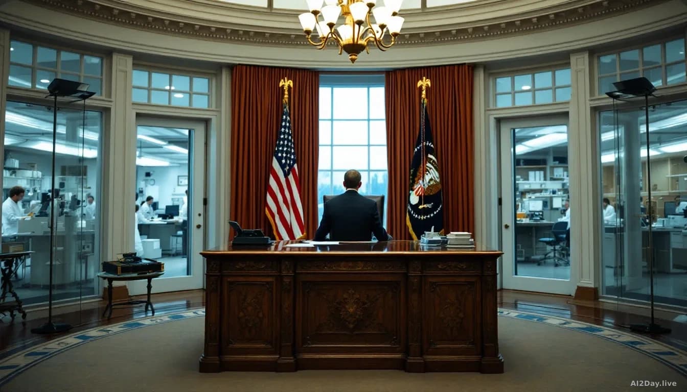 Oval office-style setting with a figure at a large wooden desk, American flags and formal official décor visible, with researchers or scientists visible through