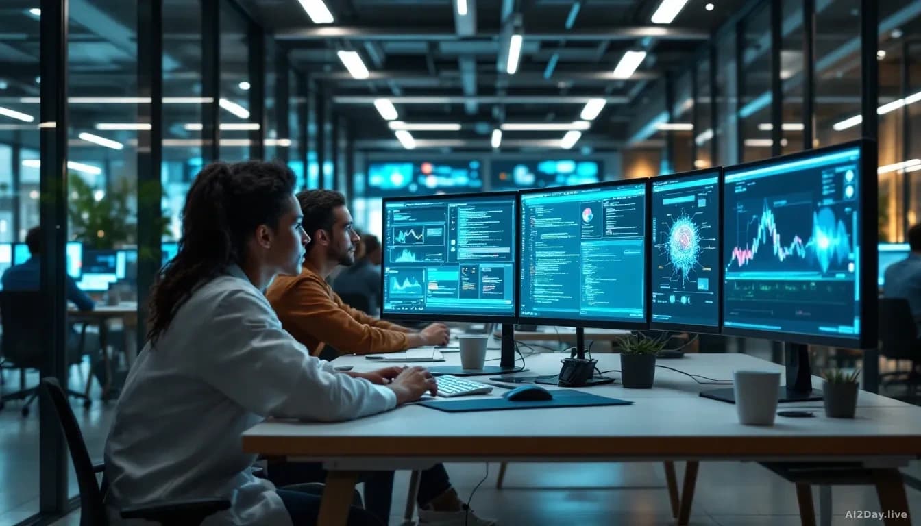 Modern tech office with researchers working at multiple monitors displaying code and neural network visualizations, collaborative workspace with glass partition