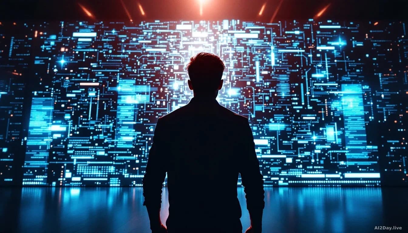 Silhouette of a person standing before a massive digital display screen showing complex data streams and algorithmic patterns, dramatic backlighting from the sc