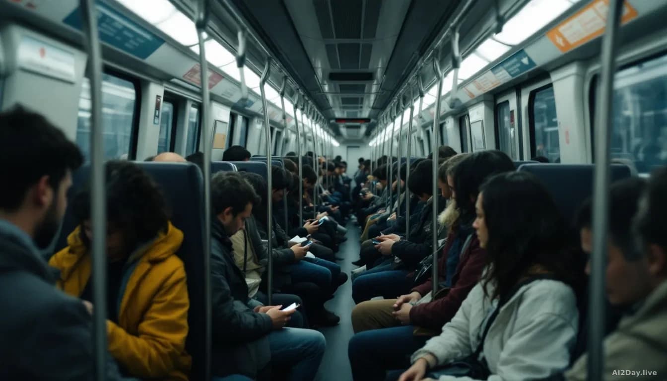 Crowded commuter train or bus interior where passengers sit in quiet isolation, each absorbed in their phones or lost in thought, gray urban transit lighting