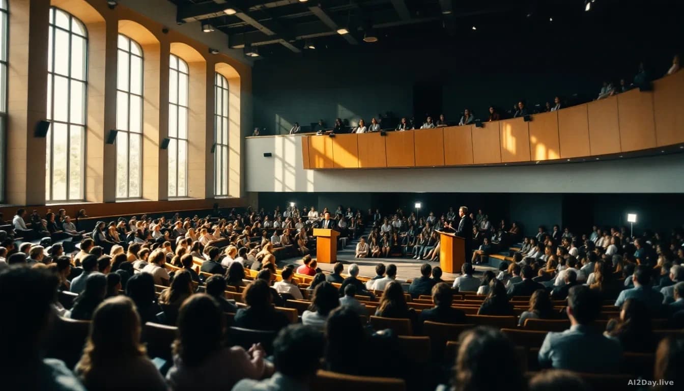 University lecture hall with a professor at a podium addressing rows of students seated in tiered seating, natural light from tall windows illuminating the acad