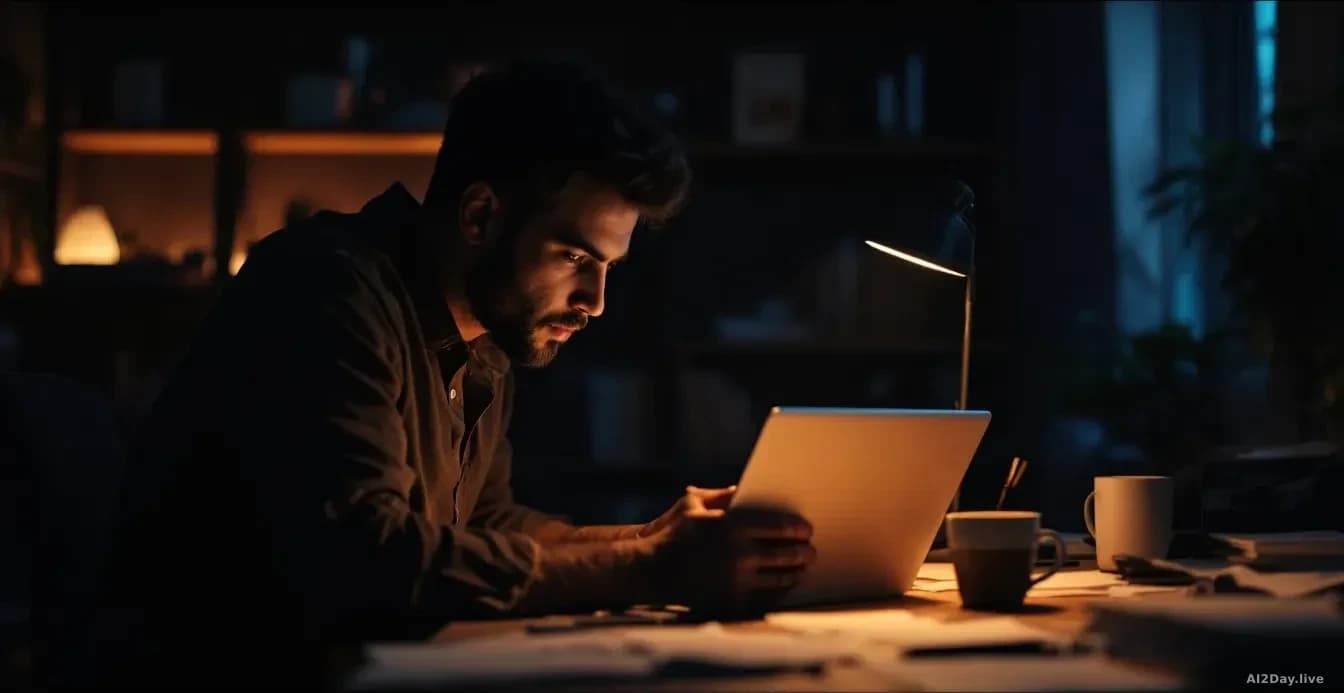 Screenwriter hunched over a laptop late at night in a dimly lit home office, with scattered papers and coffee cups on the desk, the glow of the monitor reflecti
