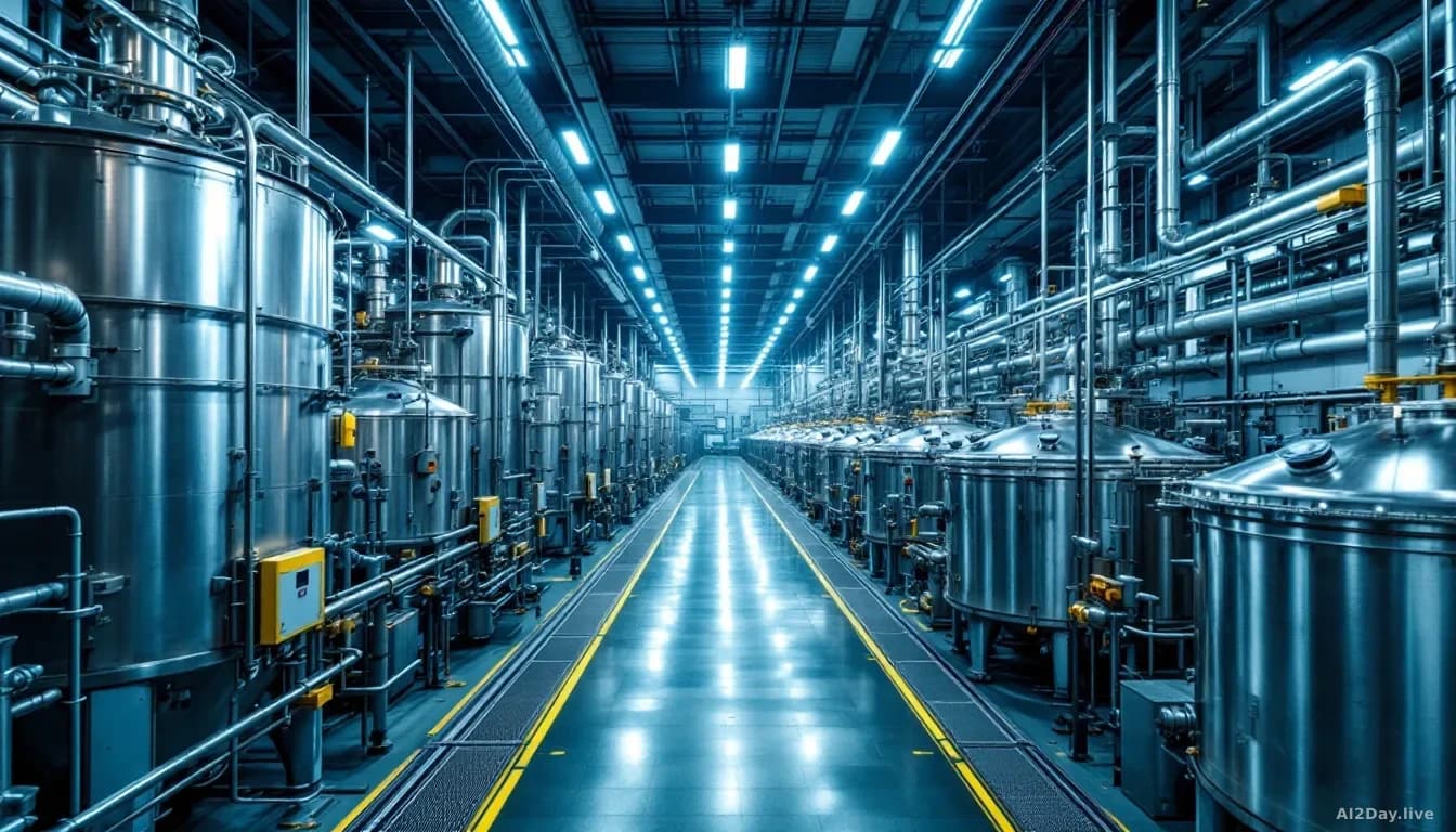 Industrial chemical manufacturing facility with rows of large stainless steel reactors and piping systems under bright overhead lighting, viewed from an elevate