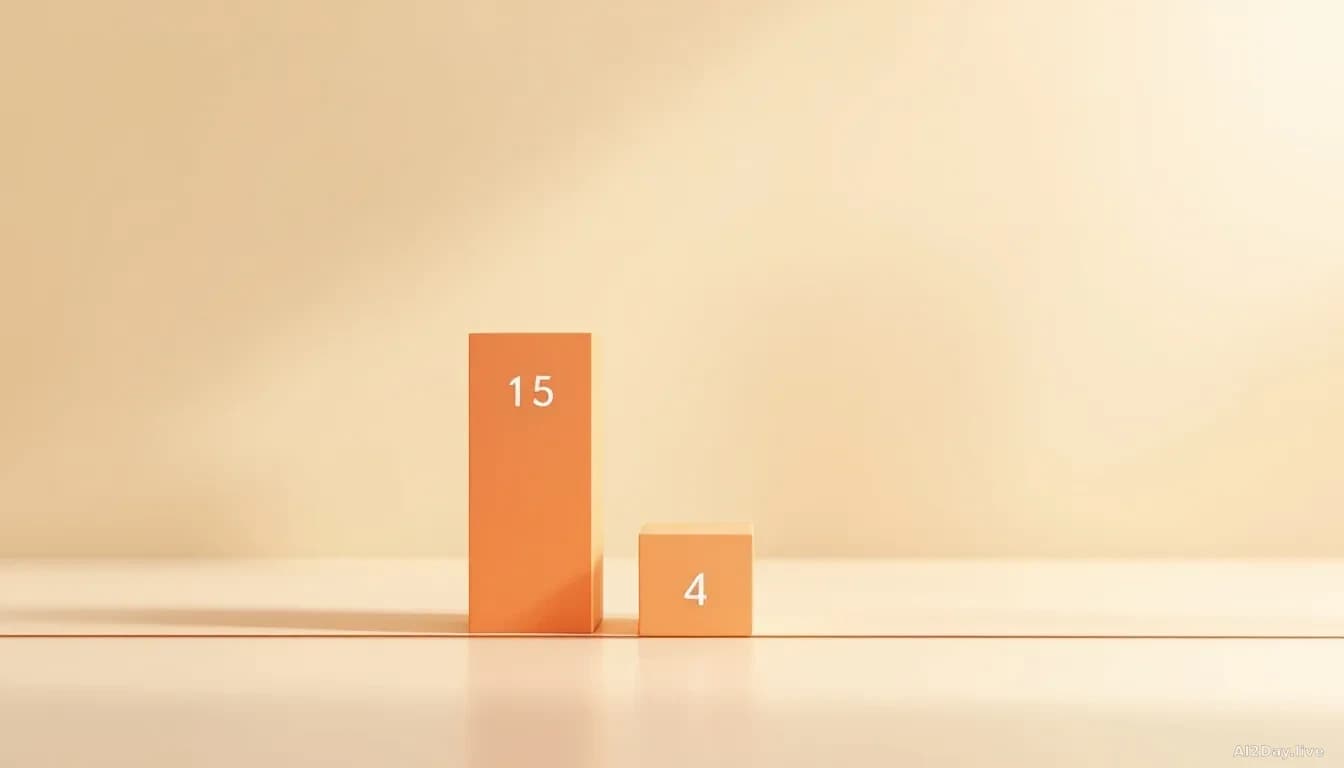 Abstract minimalist bar chart showing two bars, a tall one labelled 15 and a short one labelled 4, in warm editorial tones on a cream background, with faint new
