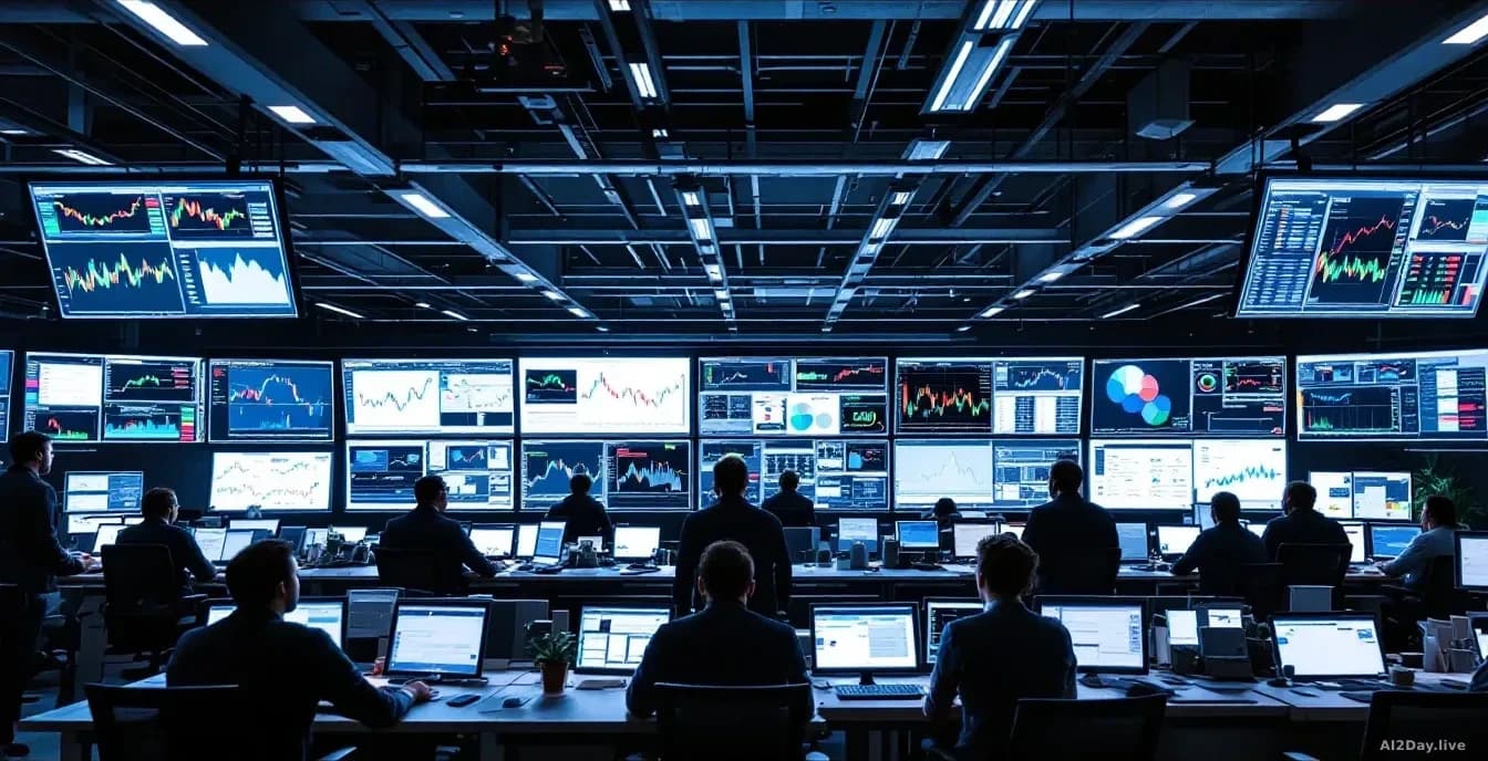 A financial trading floor or data analytics office with multiple screens displaying market charts and data, traders or analysts reviewing information, emphasis 