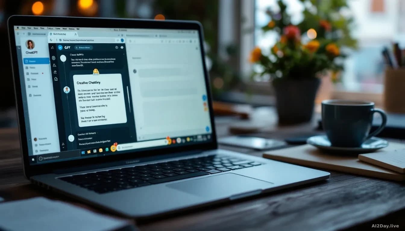 A writer's workspace with a laptop displaying ChatGPT interface, creative writing visible on the screen, notebook with story ideas, comfortable study environmen