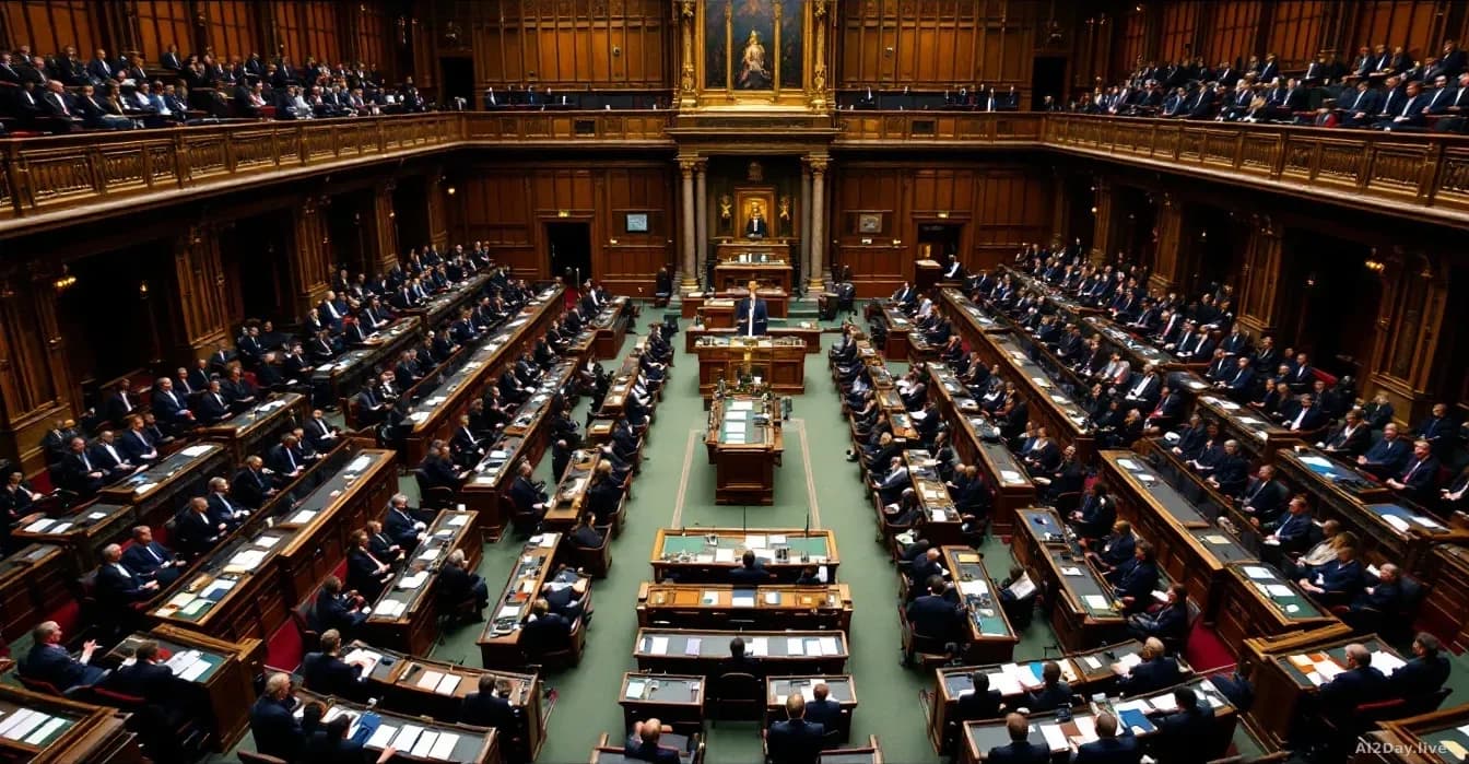 The interior of UK Parliament with rows of seating, a debate in session with MPs visible, legislative documents on desks, formal parliamentary setting