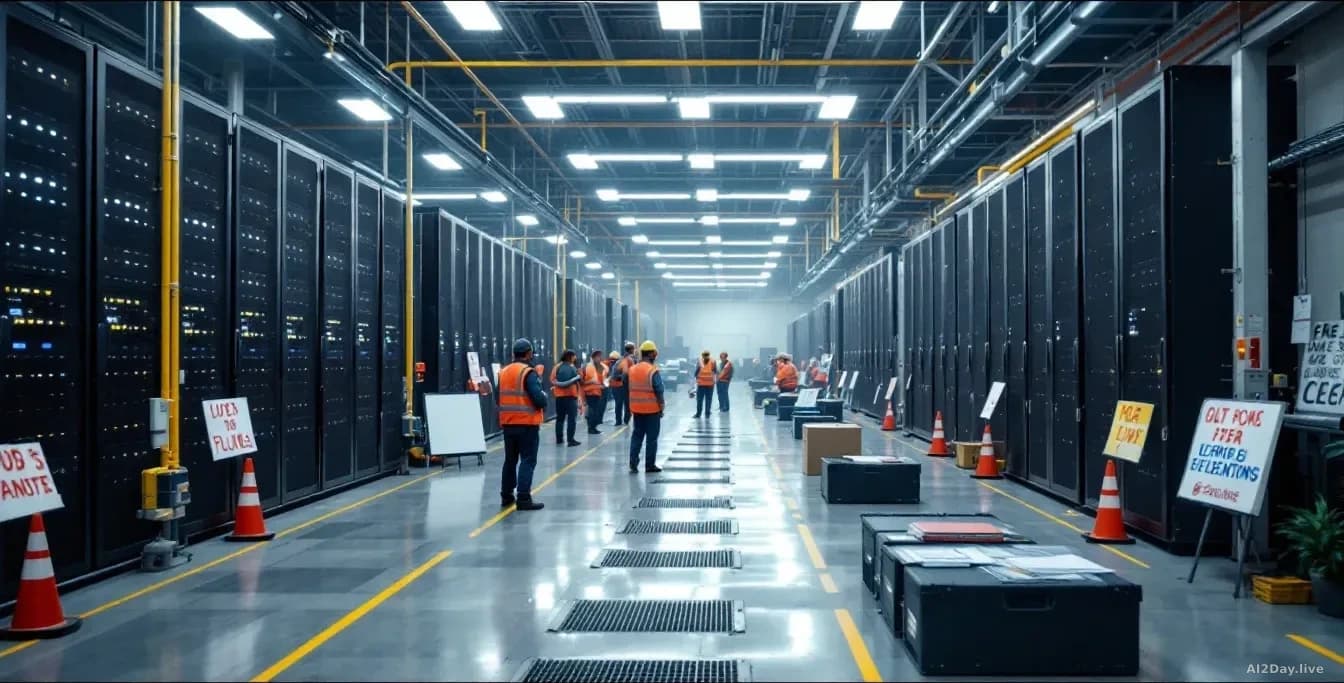 An expansive data center warehouse with rows of server racks and cooling systems, union workers and safety personnel visible in the foreground, protest signage 