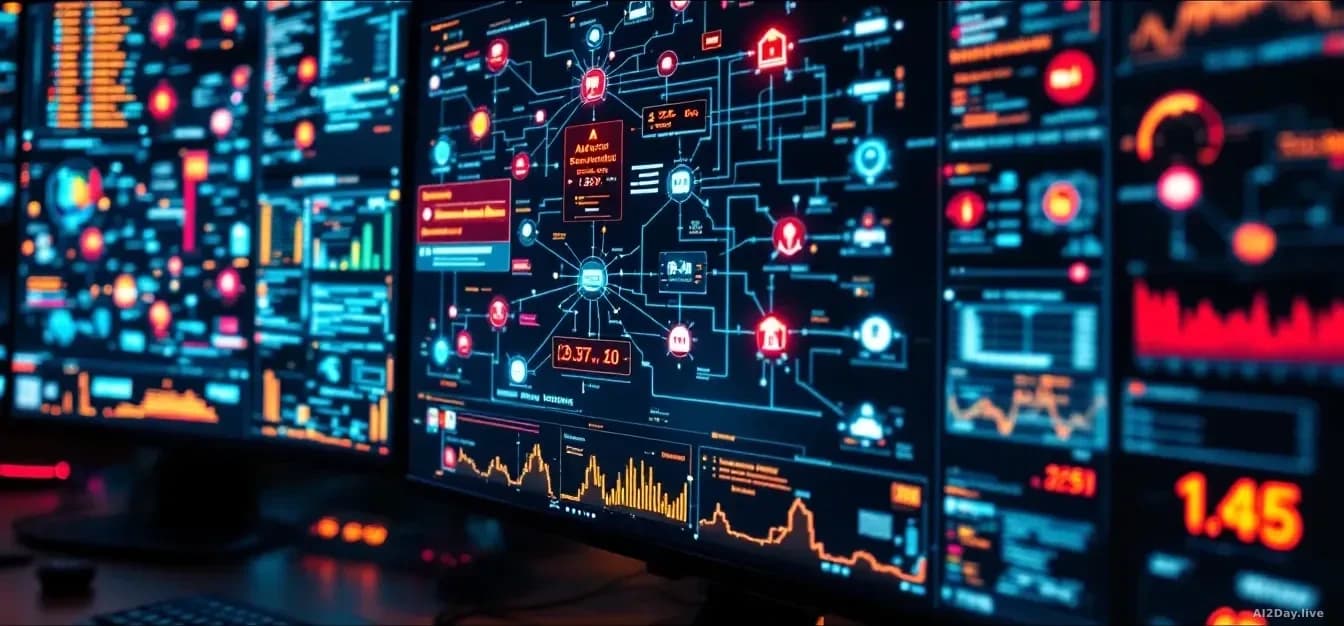 A computer network diagram displayed on multiple screens showing interconnected nodes, security breach visualization with red alert indicators, a cybersecurity 