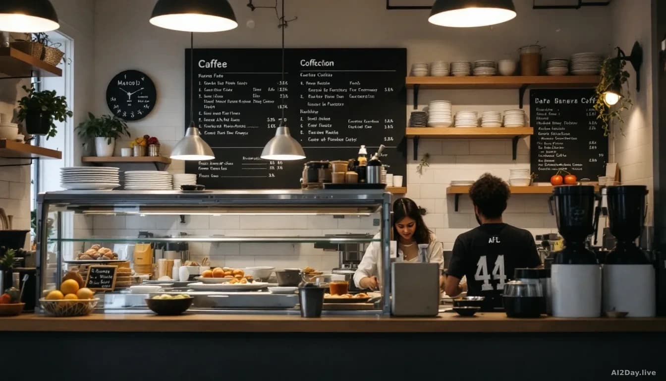 A San Francisco café interior during service with AI-managed operations, a counter with food items, a modest interior suggesting startup environment, activity h