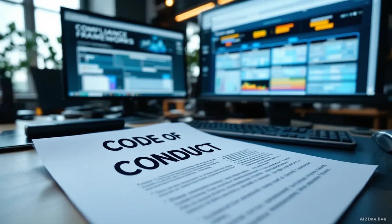 A printed code of conduct document spread across a desk with sections highlighted, a computer screen nearby displaying compliance frameworks, corporate office s