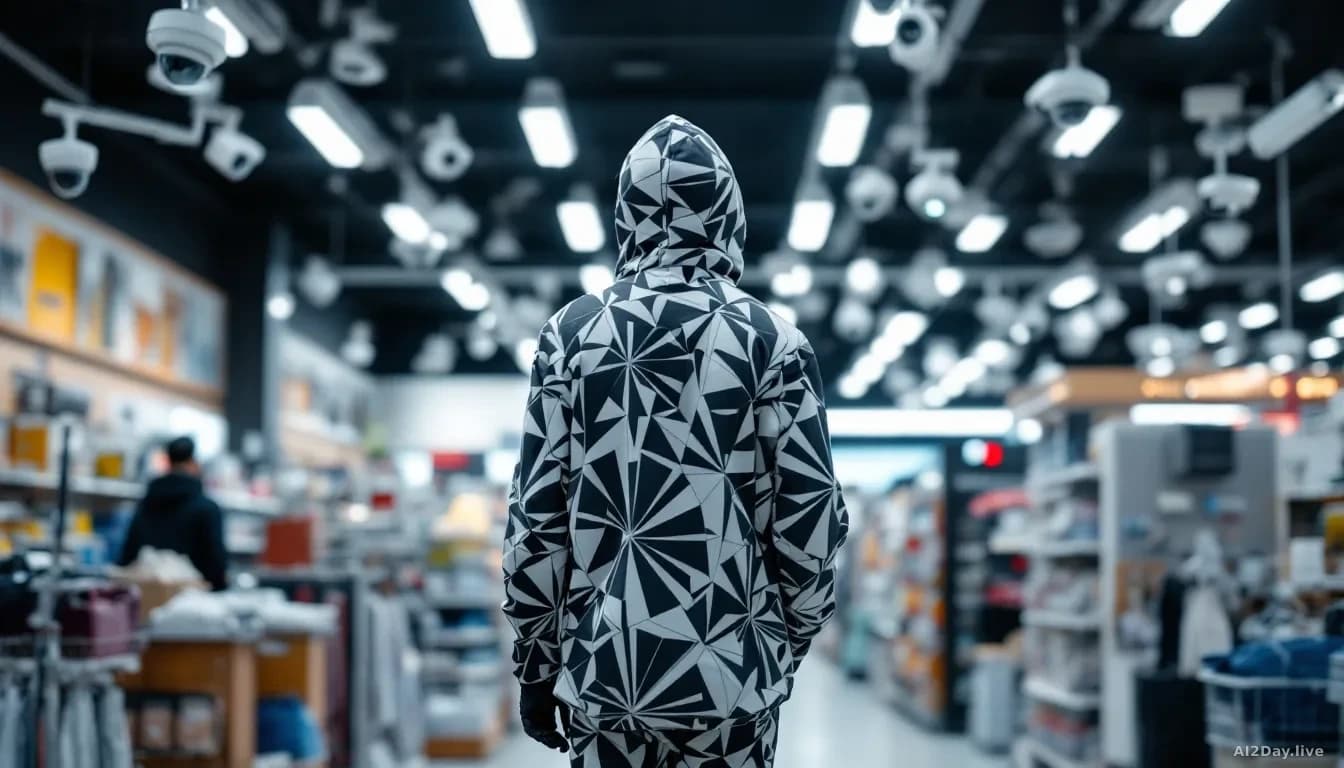 A retail environment where a person wearing patterned anti-surveillance clothing walks past security camera systems, the geometric patterns of the garment promi