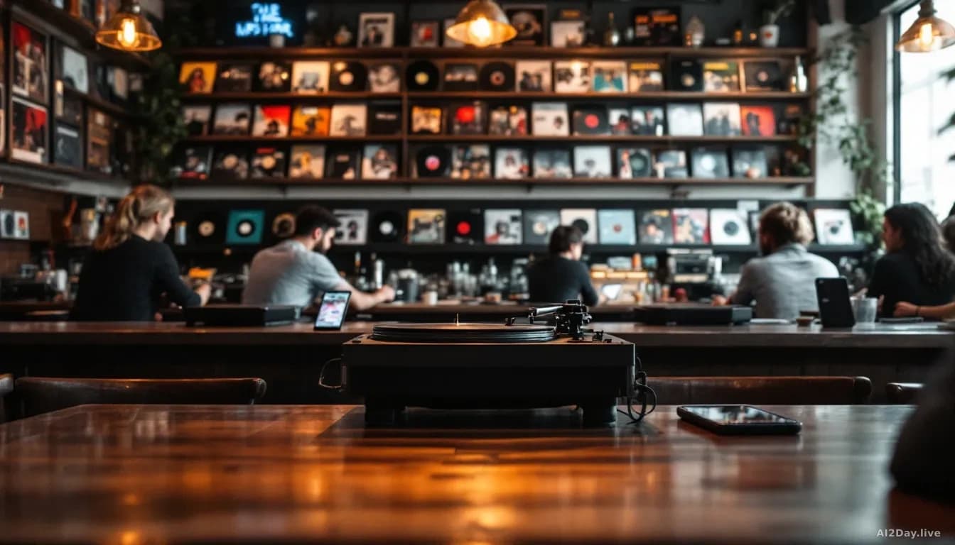 A vintage vinyl bar interior with record shelves, a turntable in use, customers enjoying music, modern mobile devices showing the app interface on tables nearby