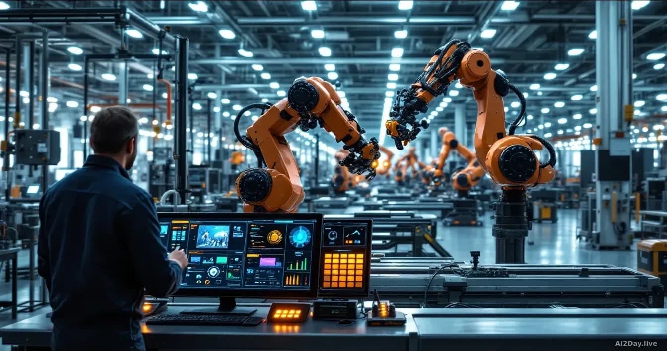 A manufacturing floor with factory robotic arms in operation, a smaller control console in the foreground showing simplified interface design, workers supervisi