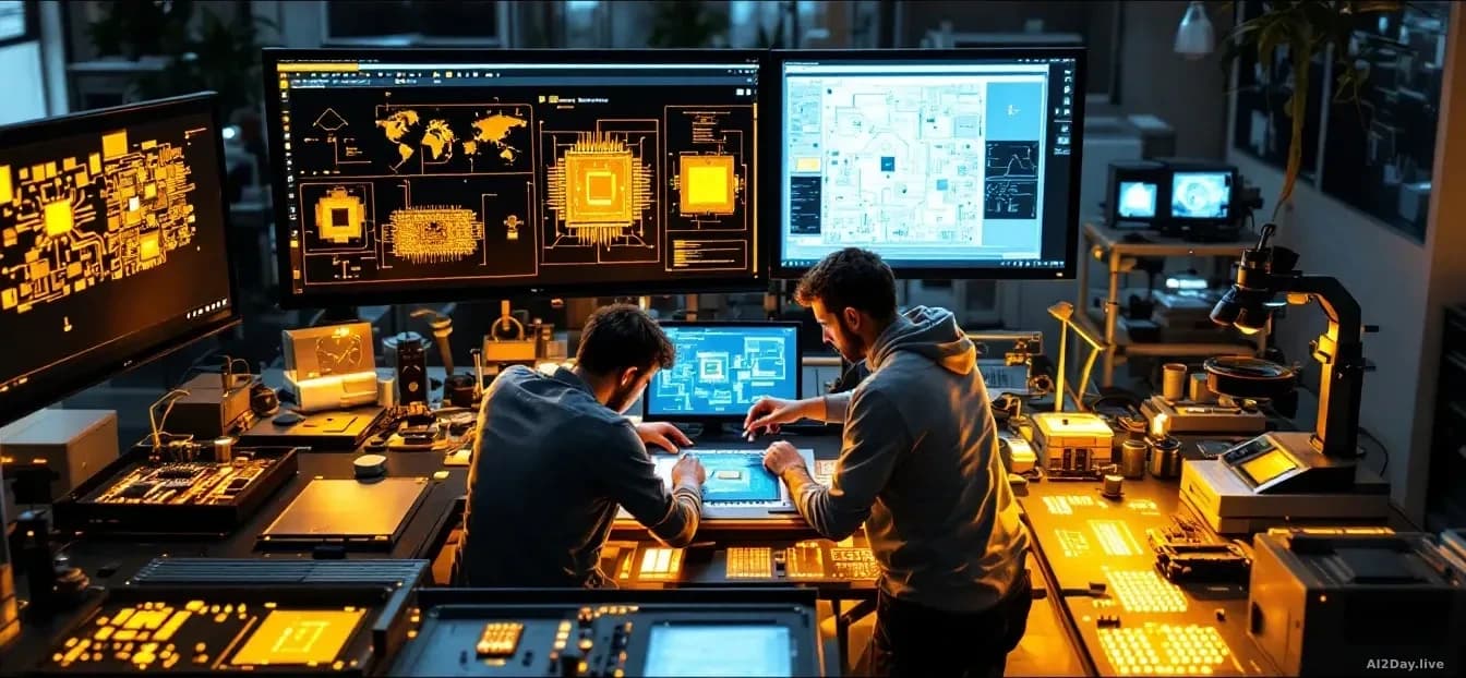 A semiconductor manufacturing or design workspace with circuit board mockups, technical schematics on displays, a small team huddle around a physical chip sampl