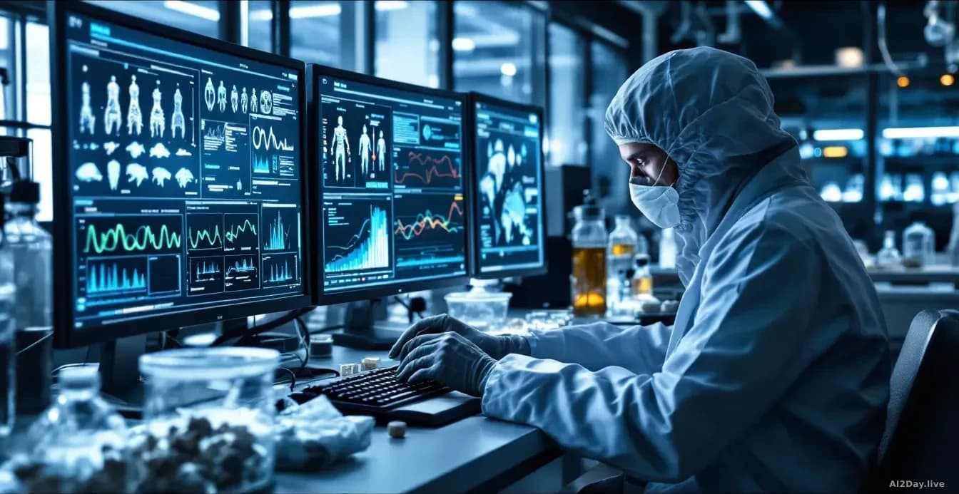 A laboratory setting with genetic sequencing displays on monitors, AI model visualizations on screens, and preserved specimen samples visible in controlled cond