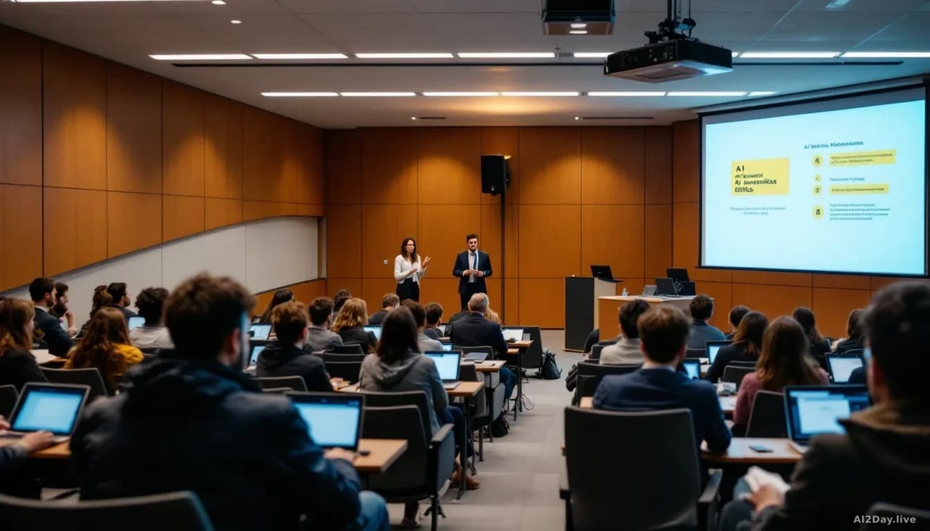A university lecture hall with students seated at desks, presentation slides on a screen displaying AI concepts and ethics frameworks, laptops open for note-tak