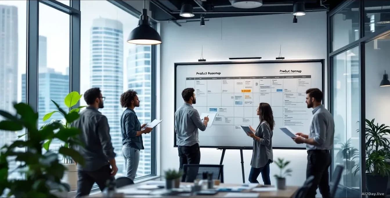 A startup office space with a product roadmap on a whiteboard, team members reviewing documents, larger corporate buildings visible through windows, suggesting 