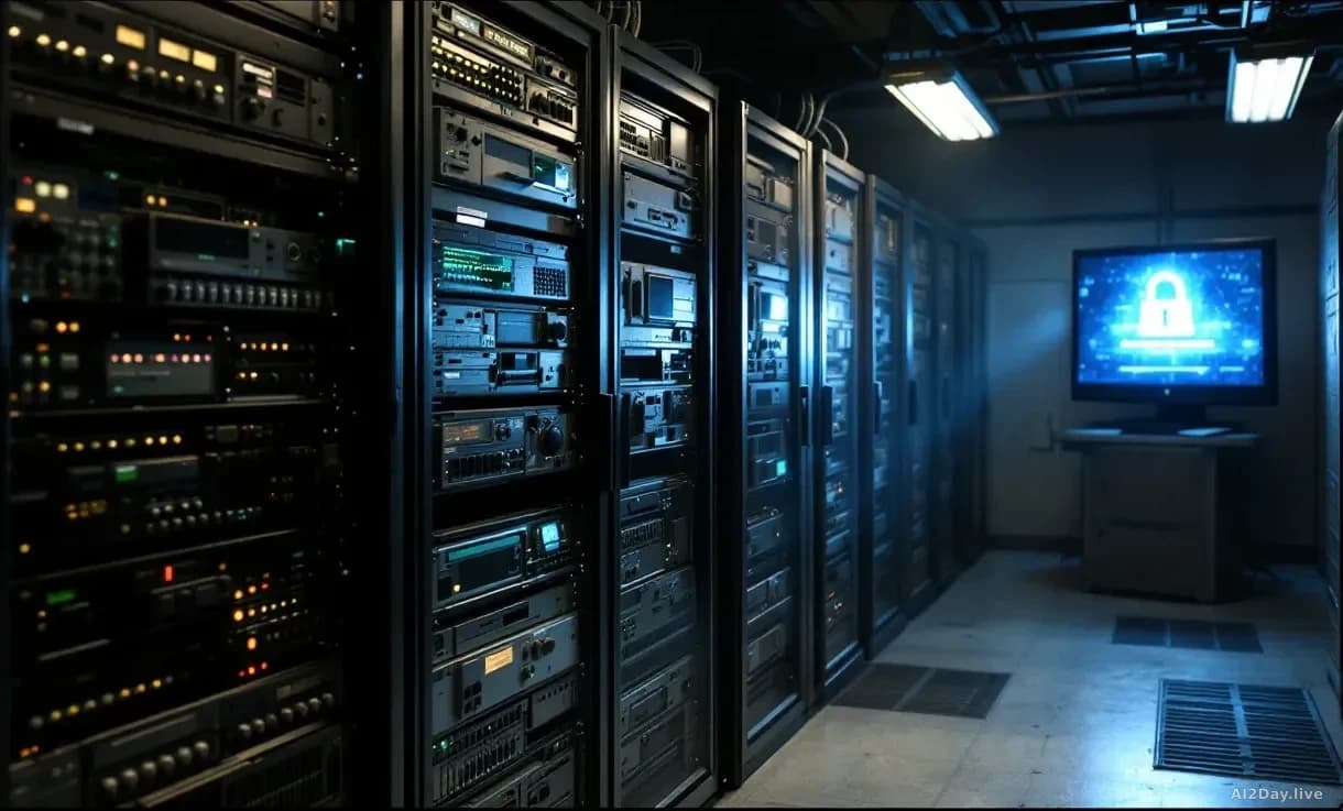 Illustration: An antiquated computer server room with outdated equipment racks and visible wear