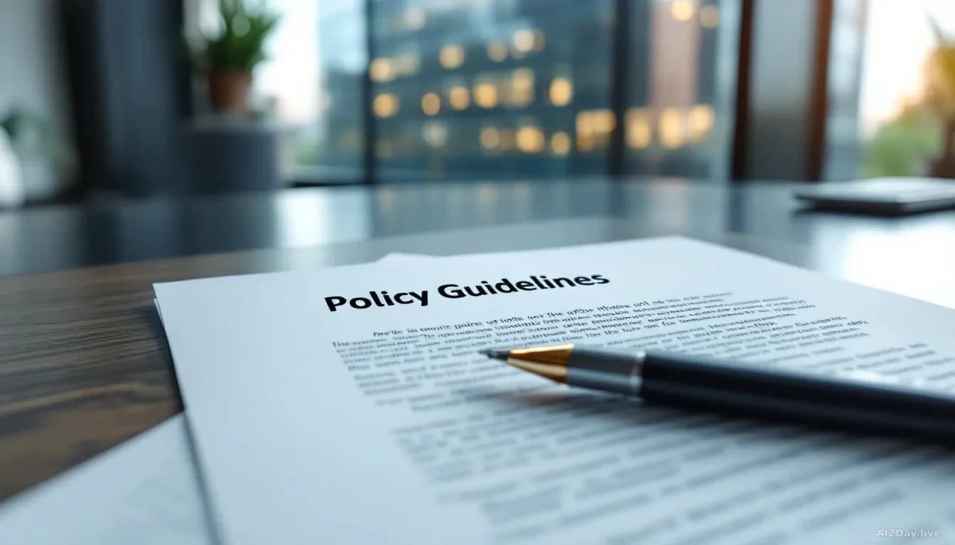 An office environment with a document titled with policy guidelines spread across a modern desk, a pen poised above it, windows showing a corporate building ext