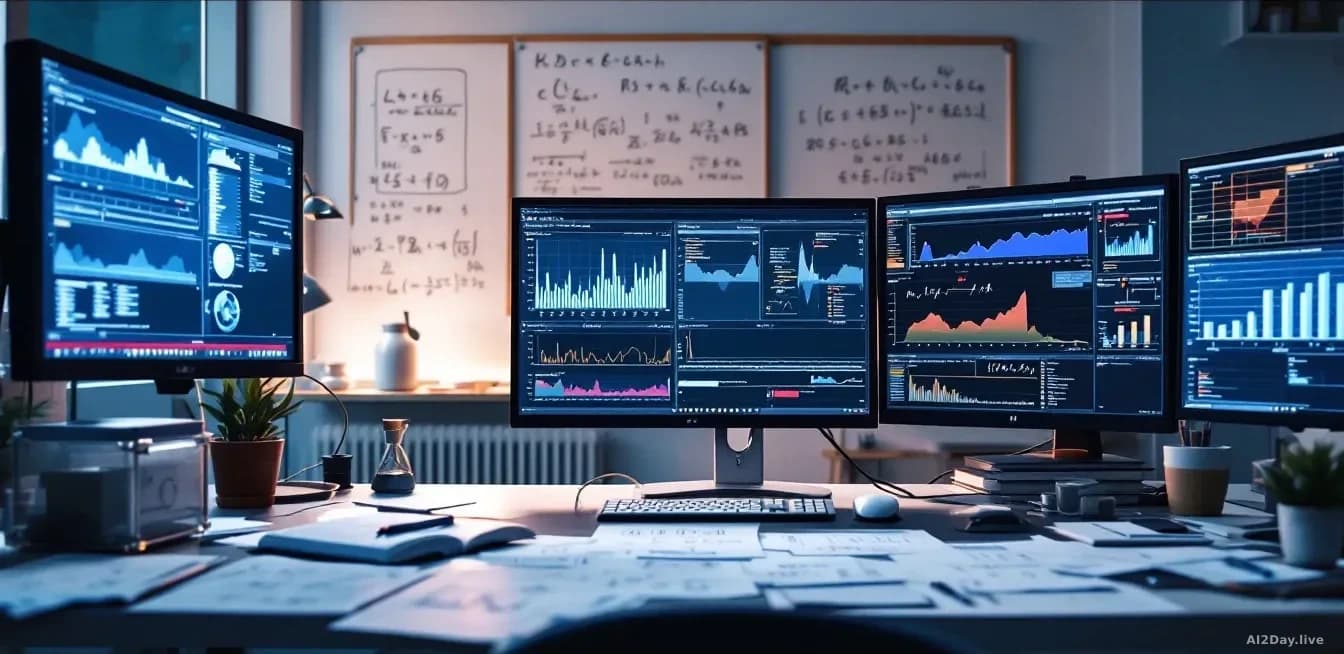 A laboratory-style workspace with multiple computer monitors displaying data streams and graphs, papers with equations scattered across a desk, a whiteboard in 