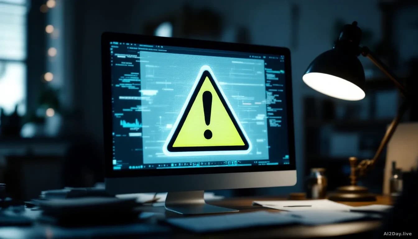 A computer screen displaying a warning notice overlay, with a desk lamp and scattered papers in soft focus below, suggesting a law enforcement office conducting
